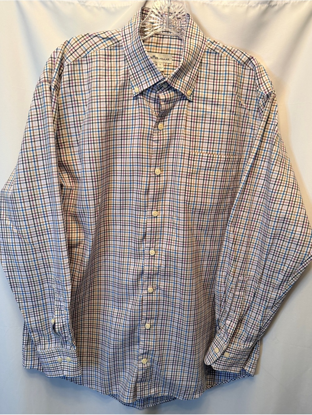 Peter Millar Men’s Large Long Sleeve Button Down Shirt White Plaid 100% Cotton